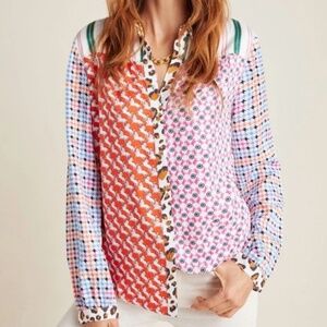 🐆 Maeve by Anthropologie Patchwork Button-Down 🐆 Leopard Print Collar, Size M